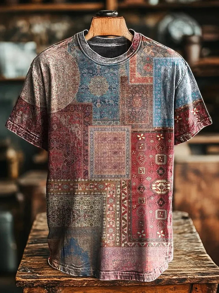 Men's Retro Hippie Ethnic Pattern Color Blocking Art Short-sleeve T-shirt