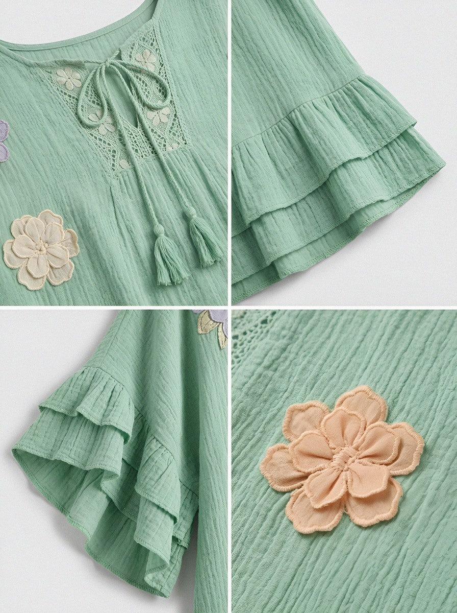 Women's Western Vintage Floral Embroidered Ruffle Sleeve Top