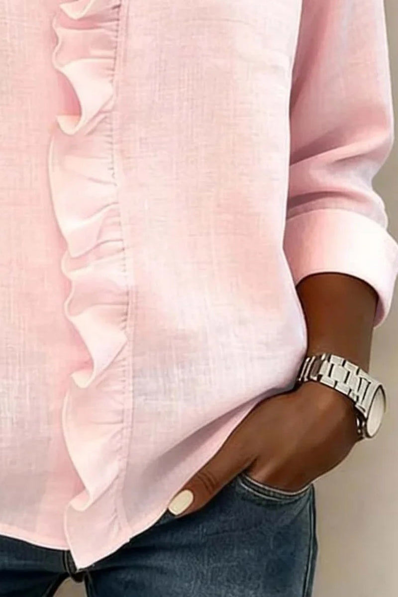 Ruffled V-Neck Long-Sleeved Cotton Shirt