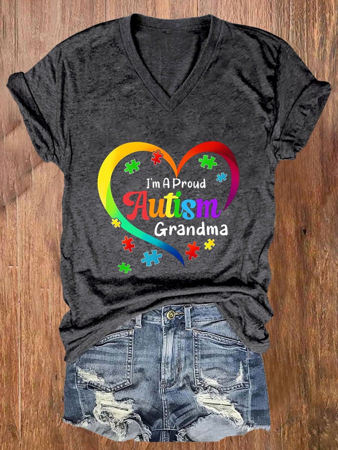 Women'S I'm A Proud Grandma Love Heart Autism Awareness Printed Casual T-Shirt