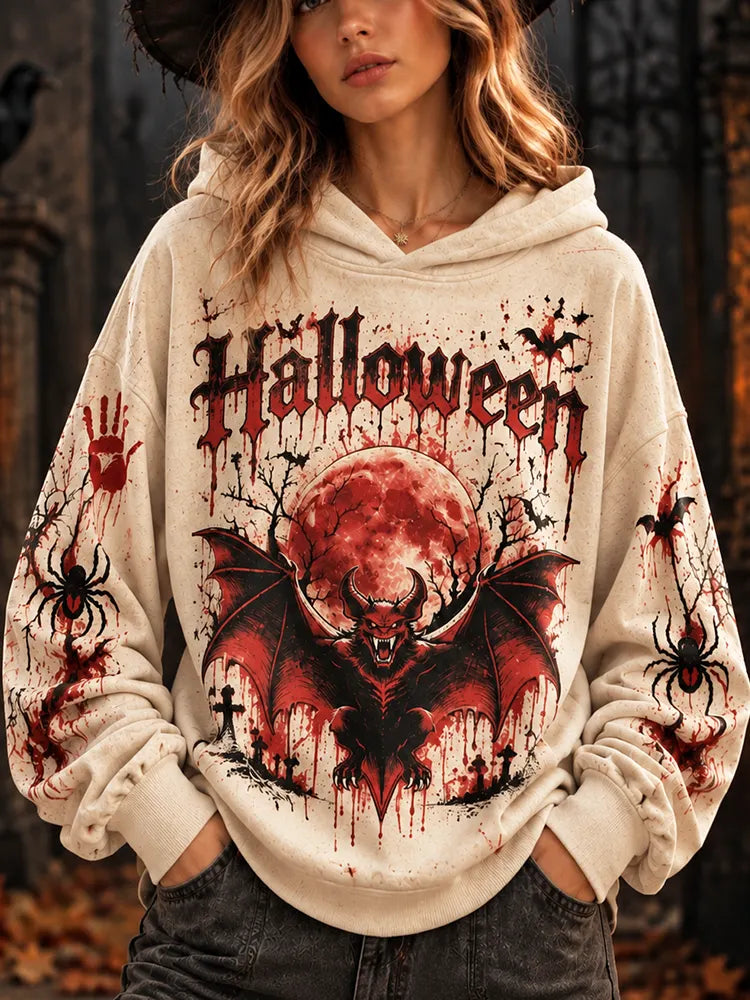 Women's Halloween Red Demon Bat & Blood Splatter Graphic Hoodie