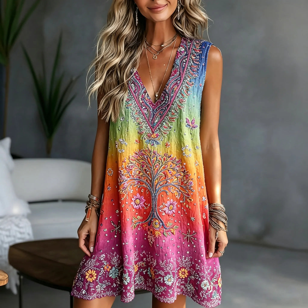 Women's Retro Hippie Style Tree Of Life Floral Art Pattern Linen Blend V-neck Dress
