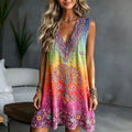 Women's Retro Hippie Style Tree Of Life Floral Art Pattern Linen Blend V-neck Dress