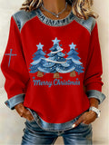 Women's Casual Denim Christmas Tree Print Sweatshirt