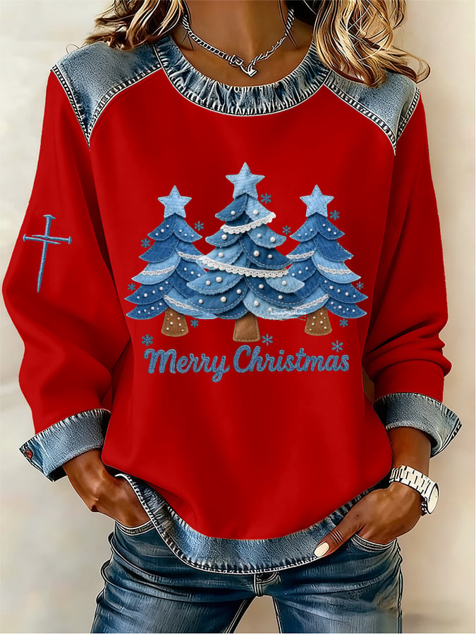 Women's Casual Denim Christmas Tree Print Sweatshirt