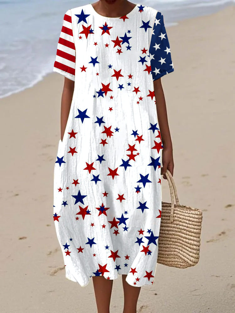 Women's Independence Day Irregular Star Pattern  Short Sleeve Cotton Pocket Wrap Dress