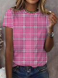 Women's Breast Cancer Plaid Print Casual V-Neck T-Shirt