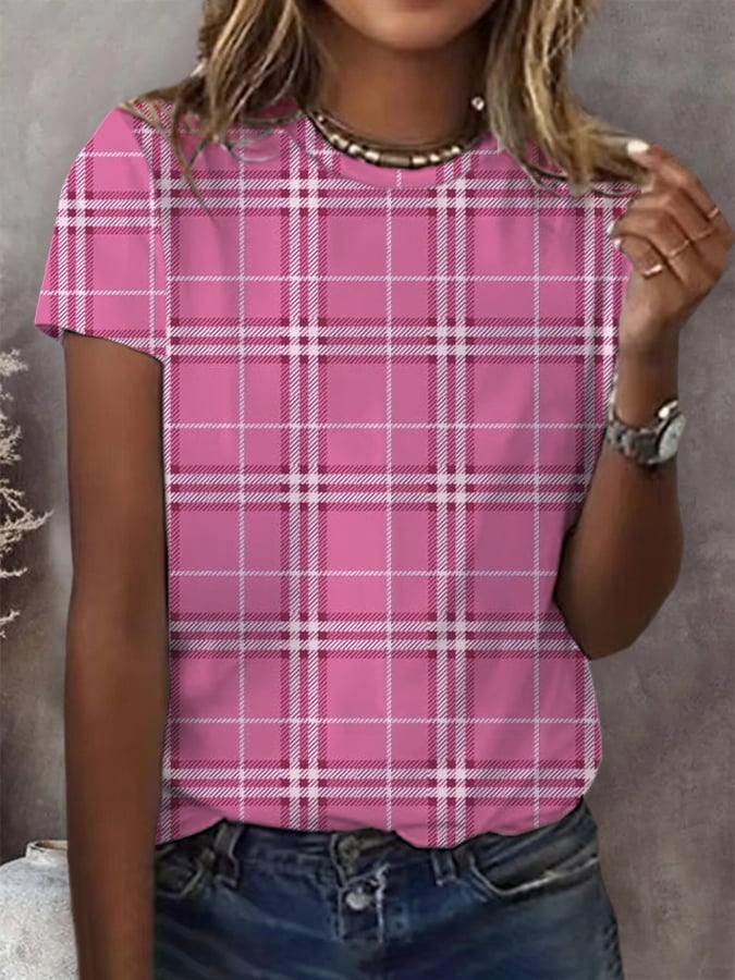 Women's Breast Cancer Plaid Print Casual V-Neck T-Shirt