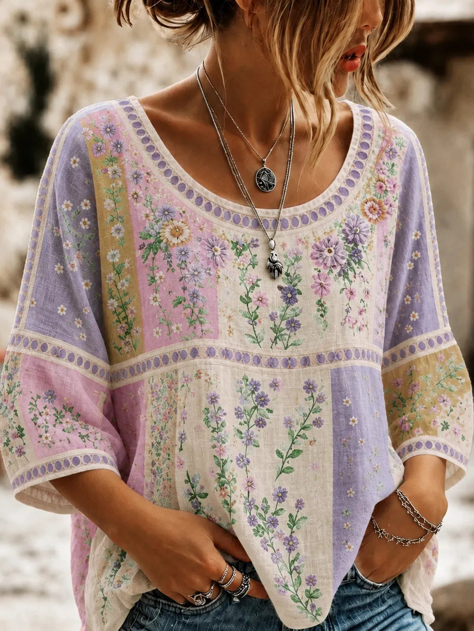 Women's Vintage Floral Embroidered Patchwork Art Crew Neck Linen Blend T-shirt