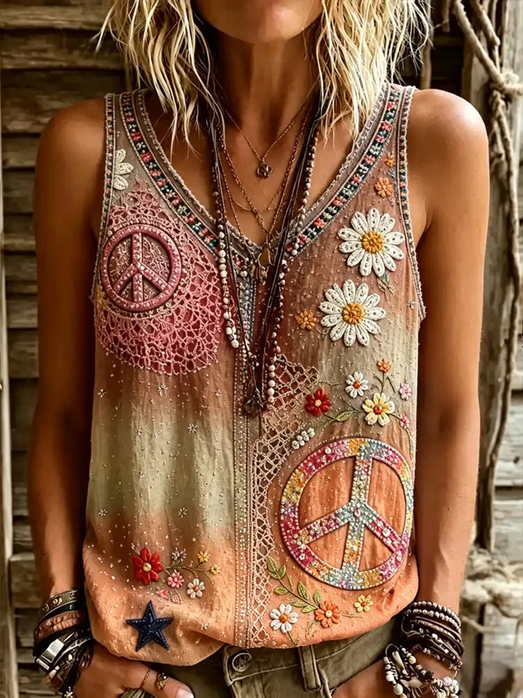 Women's Vintage Hippie Floral Patchwork Art V-neck Casual Tank Top