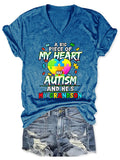 V-neck A Big Piece Of My Heart Has Autism And He's My Grandson Print T-Shirt