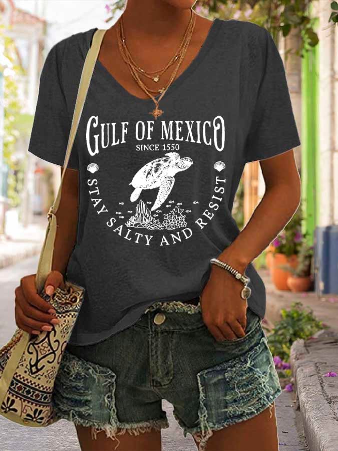 Women's Gulf Of Mexico Print V Neck Casual T-Shirt