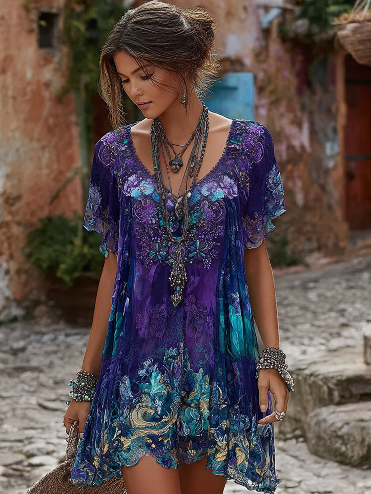Women's Casual Purple Floral Gradient Short-sleeve Dress