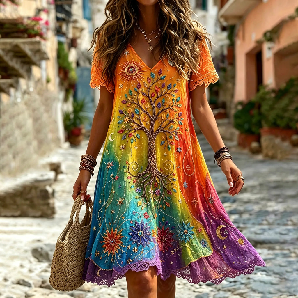 Women's Retro Hippie Tree Of Life Pattern V Neck Short Sleeve Linen Blend Midi Dress