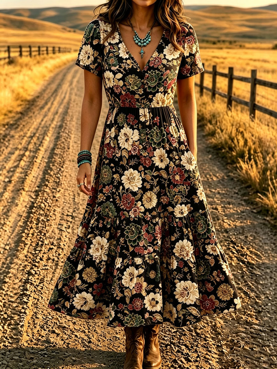 Women'S Western Style V-Neck Short Sleeved Floral Pattern Dress