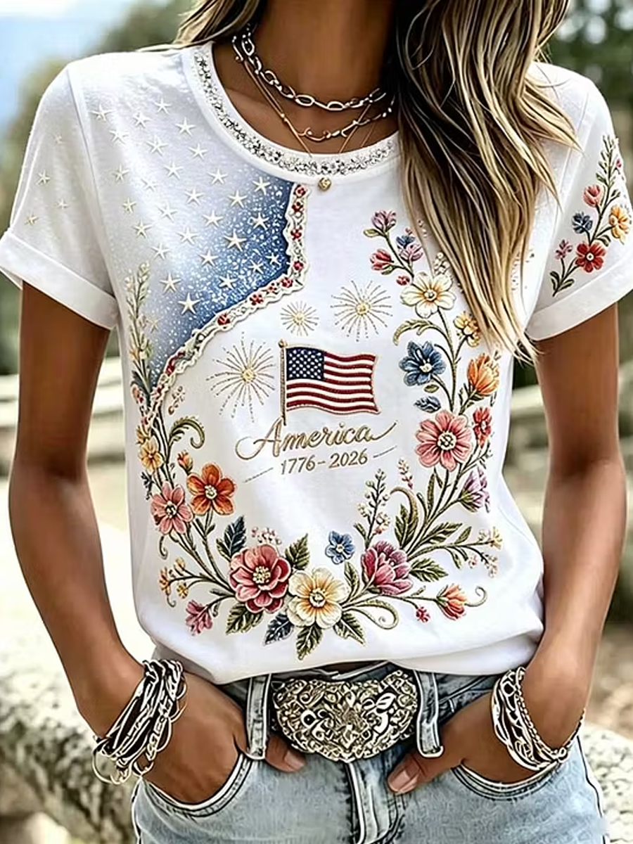 American Women'S Anniversary Flag And Flower Art Patch Printed Short Sleeves