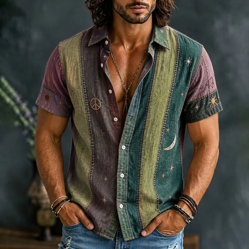 Men's Vintage Patchwork Peace Sign Sun Moon Star Art Print Shirt