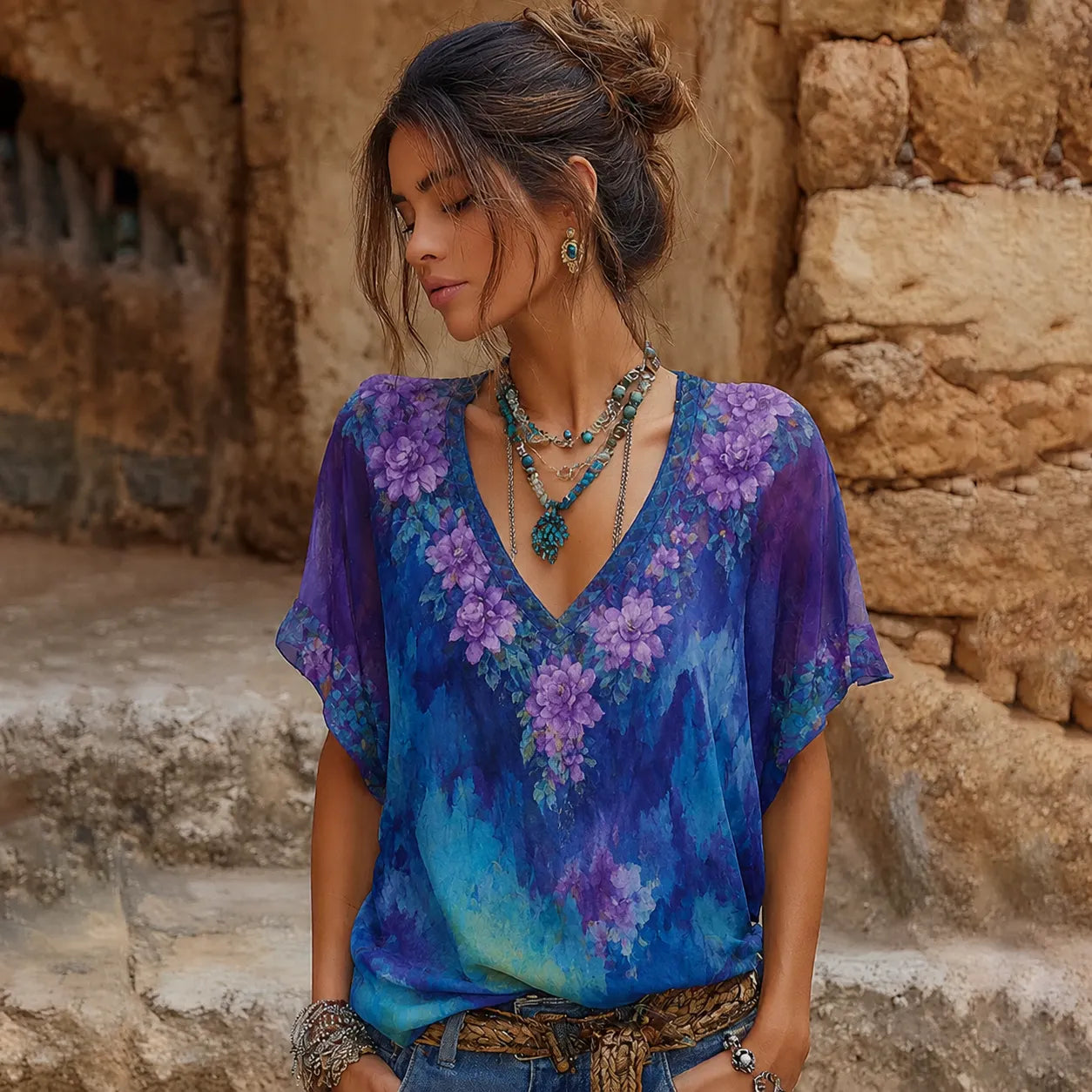 Women's Retro Purple Floral Embroidery Pattern Casual V-neck T-shirt