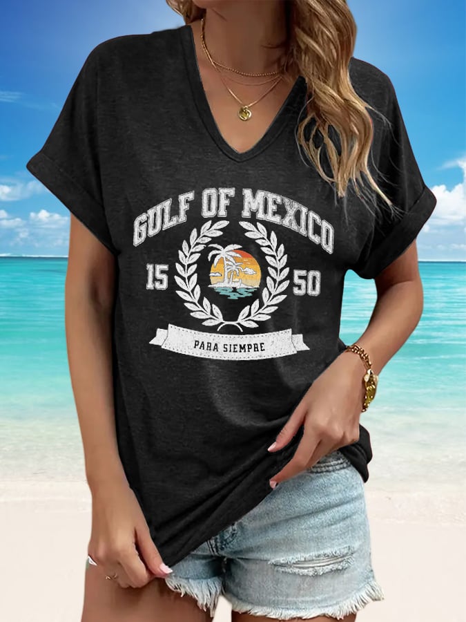 Retro Women's Gulf Of Mexico Print V-Neck Short Sleeve T-Shirt