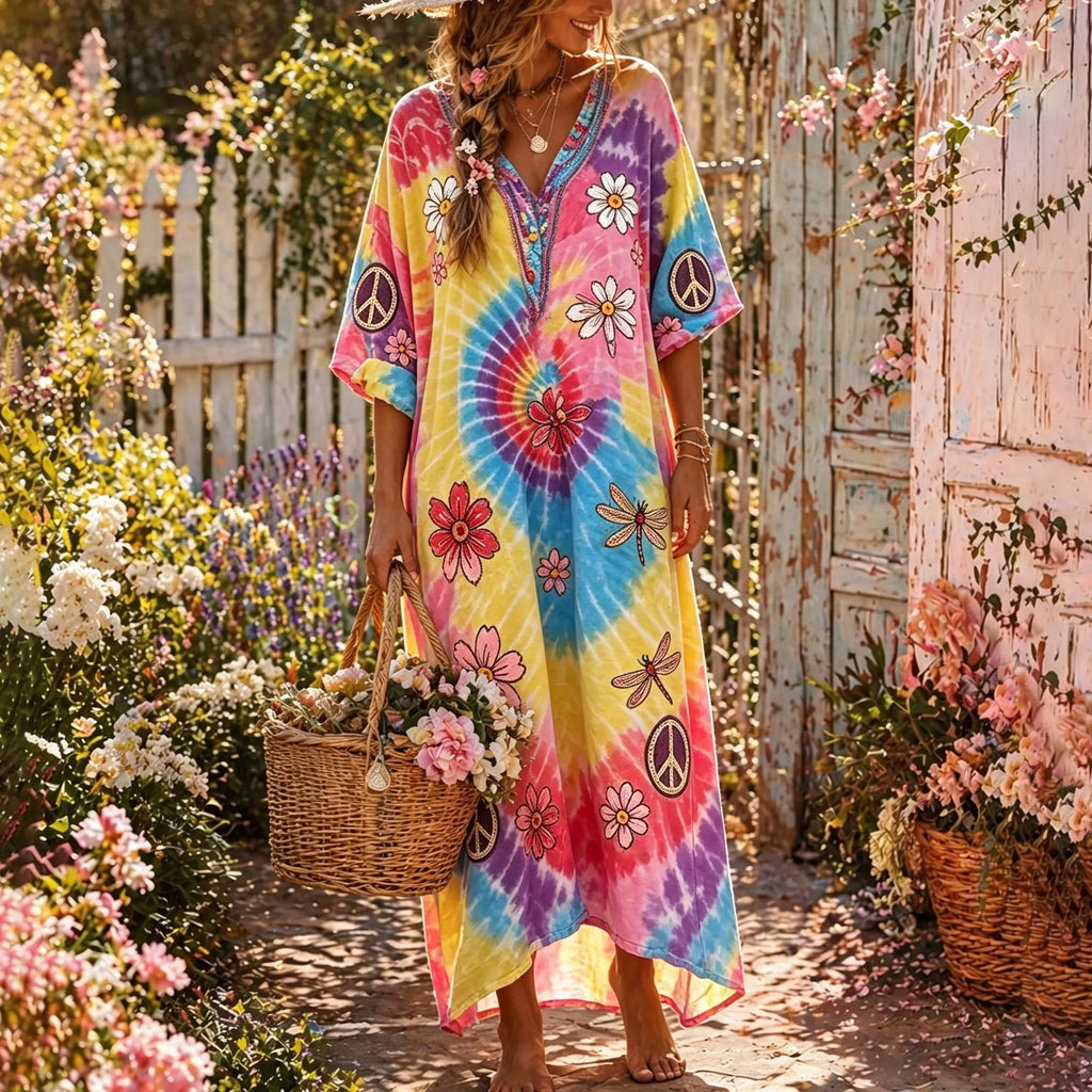 Women's Hippie Tie-dye Floral Patchwork Vacation V-neck Cotton Linen Maxi Dress