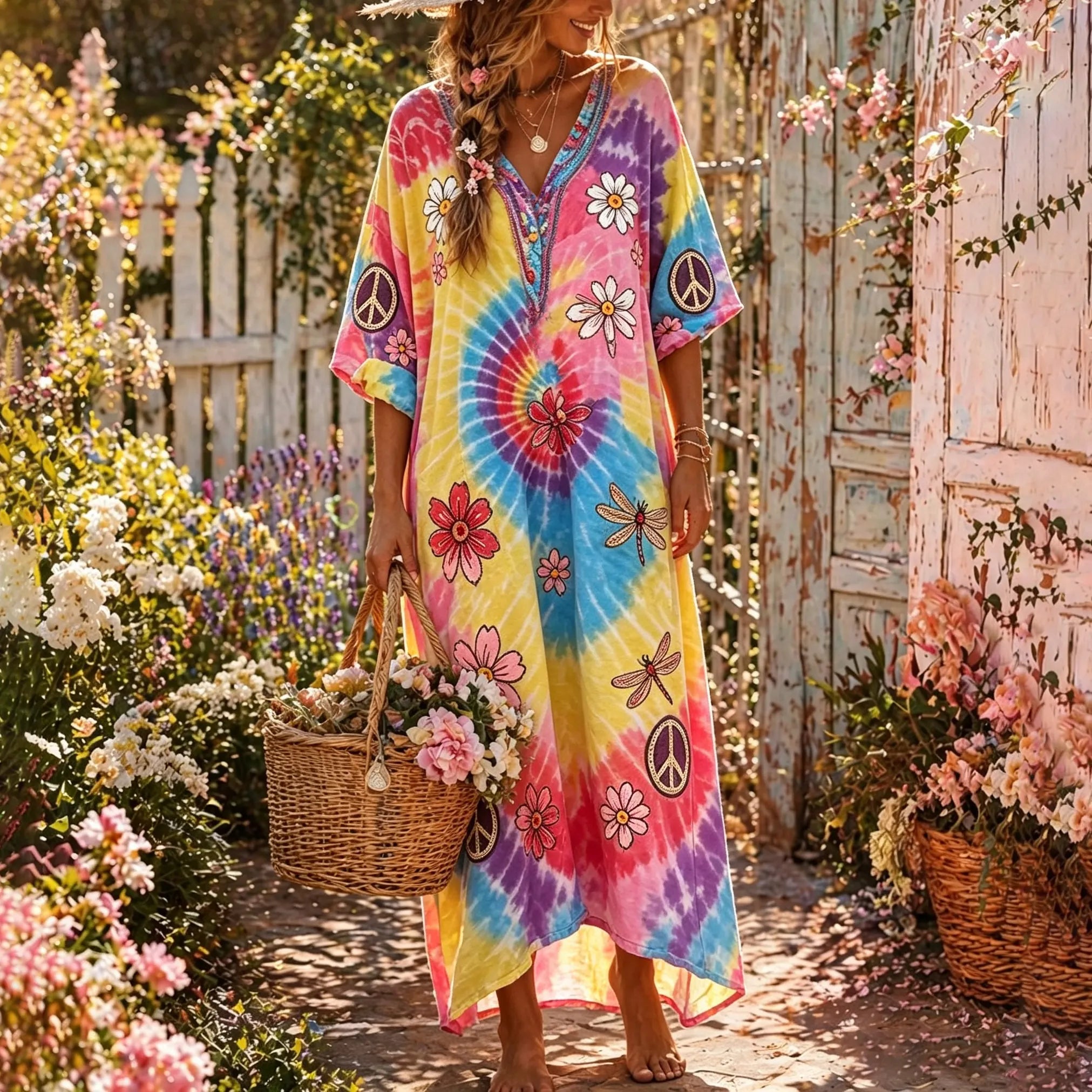 Women's Hippie Tie-dye Floral Patchwork Vacation V-neck Cotton Linen Maxi Dress