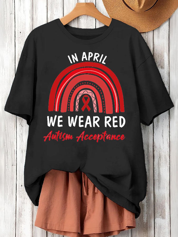 Women's In April We Wear Red Autism Acceptance Printed Short-Sleeved T-Shirt