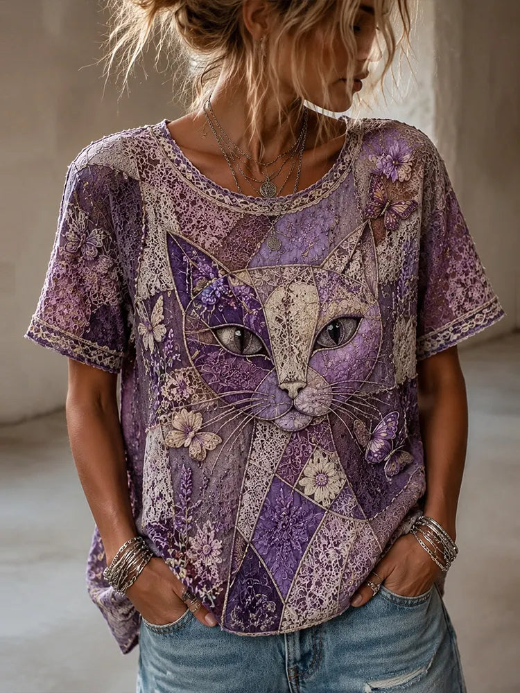 Women's Cat Deconstruction And Floral Art Crew Neck Short Sleeve Top