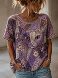 Women's Cat Deconstruction And Floral Art Crew Neck Short Sleeve Top