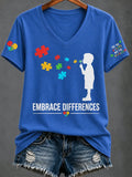 Women'S Casual V-Neck Top With Autism Awareness Print