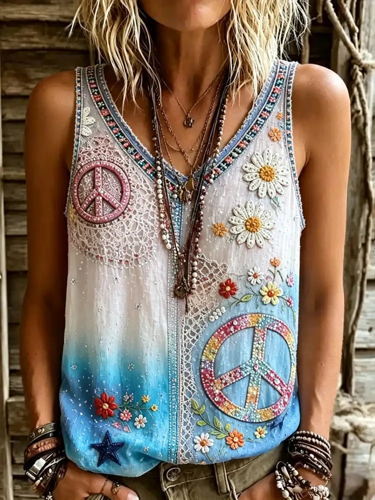 Women's Vintage Hippie Floral Patchwork Art V-neck Casual Tank Top