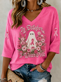 Women'S In October We Wear Pink Printed Mid-Length Sleeves V-Neck T-Shirt