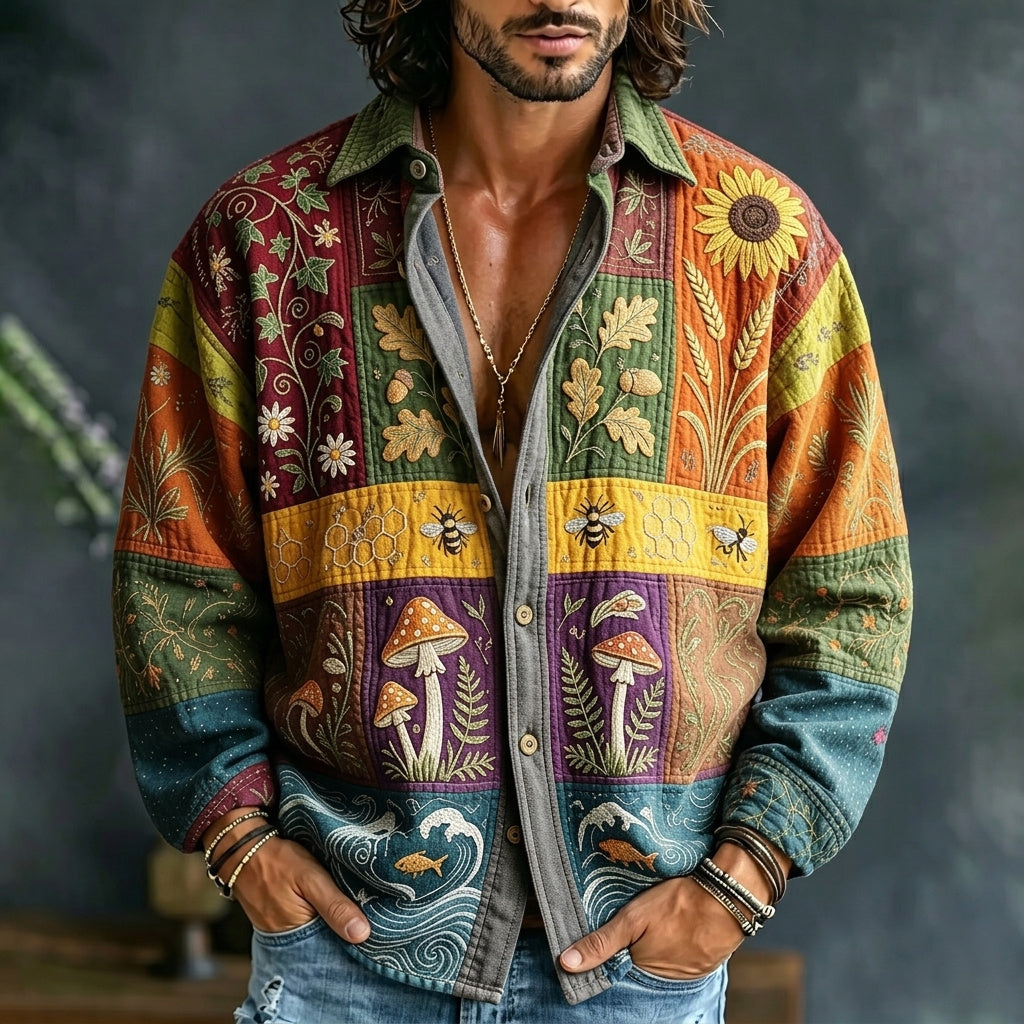 Men's Bee Mushroom And Plant Hippie Art Print Shirt