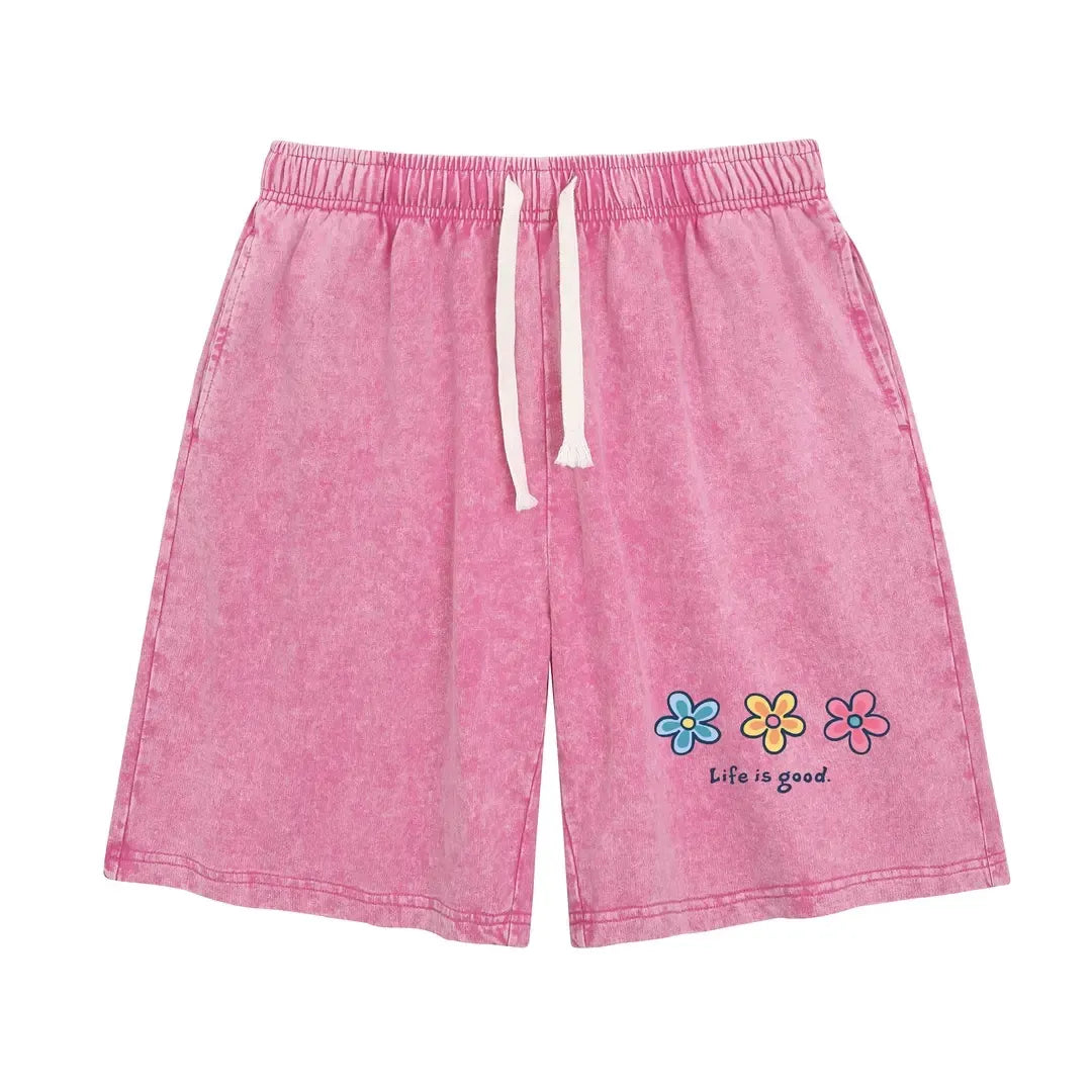 Unisex Flower Print Casual Shorts Acid Wash Soft Comfortable Cotton Blend Bottoms
