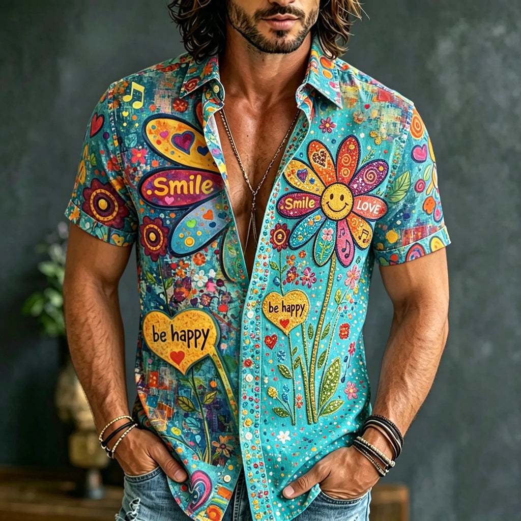 Men's Retro Bohemian Hippie Style Floral Sequin Embroidery Print Short-sleeve Shirt