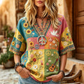 Women's Retro Peace Symbol Color Block Casual V Neck Cotton Linen T-shirt