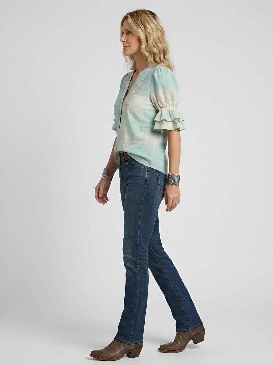 Women's Western Vintage Floral Embroidered Ruffle Sleeve Top