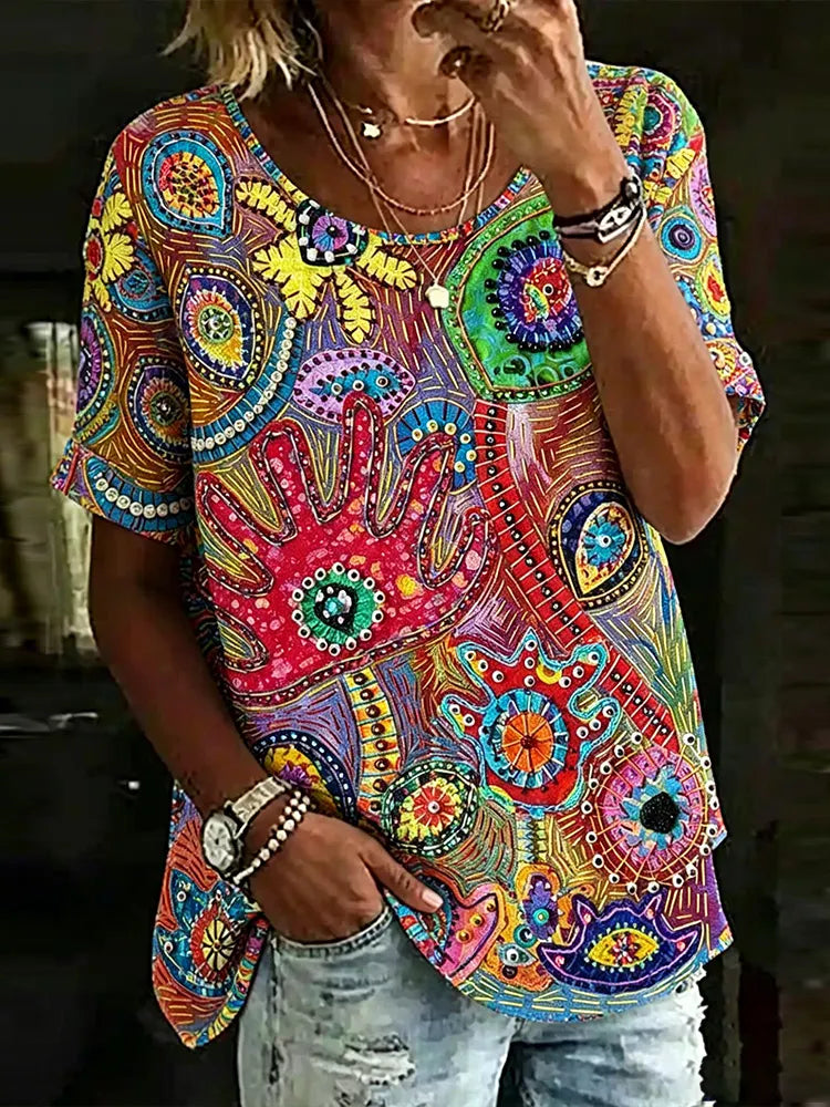 Women's Hippie Abstract Floral Embroidery Patchwork Cotton Linen Crew Neck Short Sleeve Top