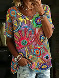 Women's Hippie Abstract Floral Embroidery Patchwork Cotton Linen Crew Neck Short Sleeve Top
