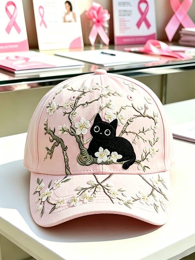 Unisex Breast Cancer Awareness Baseball Cap with Cat Print