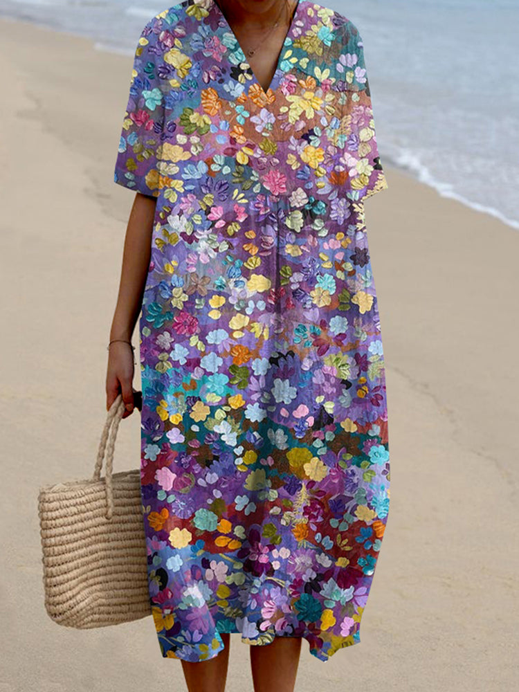 Women's Vintage Colorful Floral Art Print Casual V-neck Dress