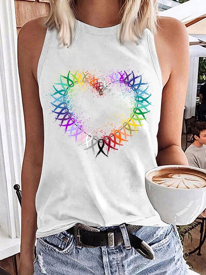 Women's All Cancer Awareness Heart Ribbon Print Tank Top