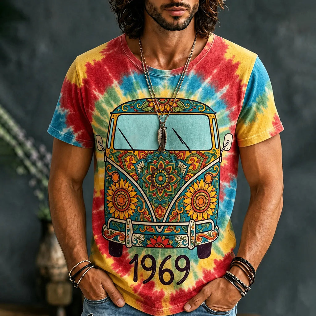 Men's Hippie Peace Car Tie Dye Print Casual Retro T-shirt