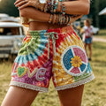 Women's Retro Hippie Tie-dye Love Peace Floral Pattern Art Embroidered  Linen Blend Shorts