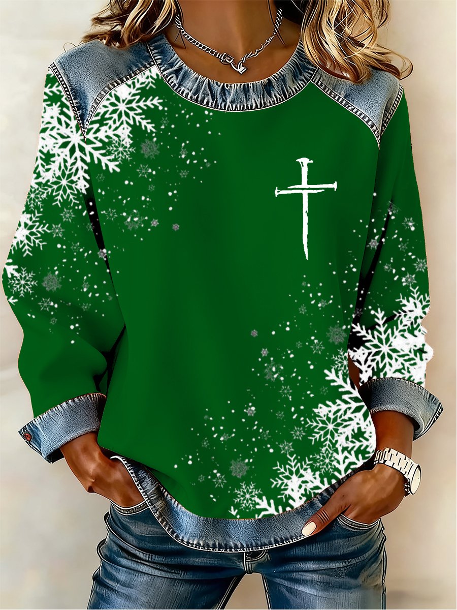 Women's Casual Retro Christmas Fleece-Lined Color-Blocked Sweatshirt