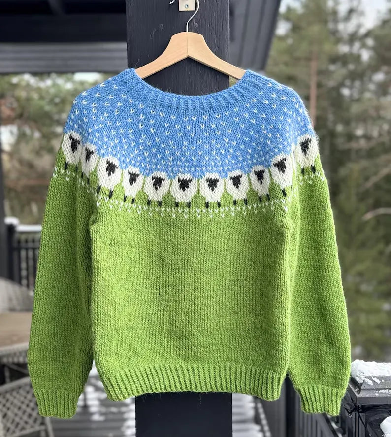 Women's Sheep Motif Print Knitted Comfort Round Neck Sweater