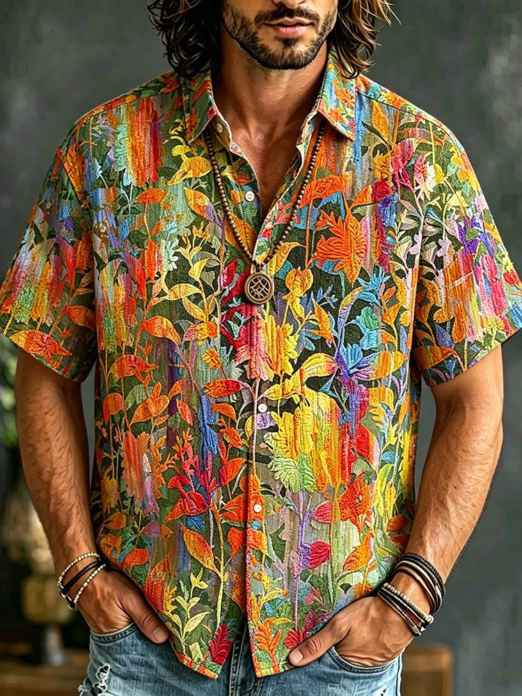 Men's Vintage Boho Hippie Tropical Leaf Print Short Sleeve Button Down Shirt, Casual Linen Textured Floral Embroidery Camp Collar Shirt
