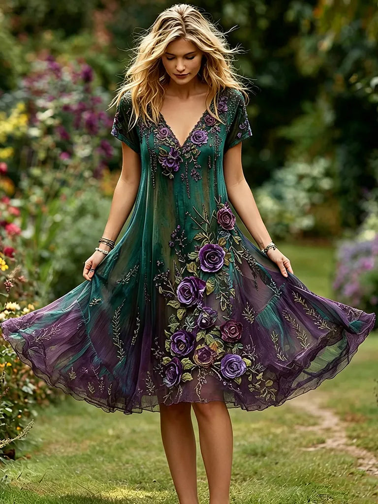 Women's Retro Floral Embroidery Gradient Pattern V-neck Short Dress