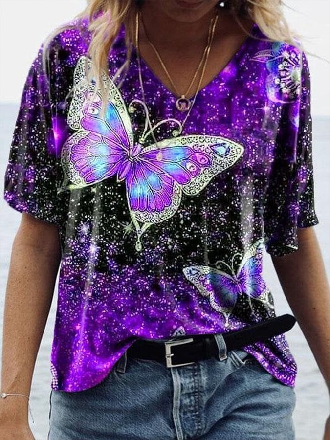 Women's Purple Butterfly Print V-Neck T-Shirt