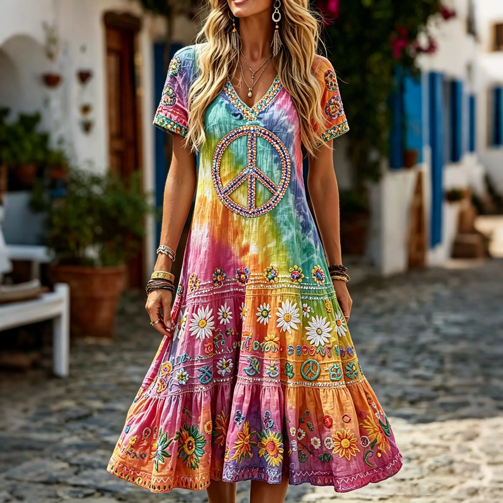 Women's Retro Tie Dye Hippie Floral Art V Neck Short Sleeve Linen Blend Midi Dress