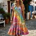 Women's Retro Tie Dye Hippie Floral Art V Neck Short Sleeve Linen Blend Midi Dress